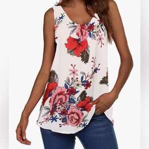 Zeagoo blousy tank top. Size M. Cream/red/blue floral pattern.